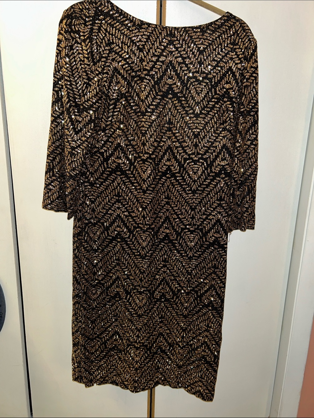 Sequin Chevron Long Sleeve Shift Dress in Black and Gold